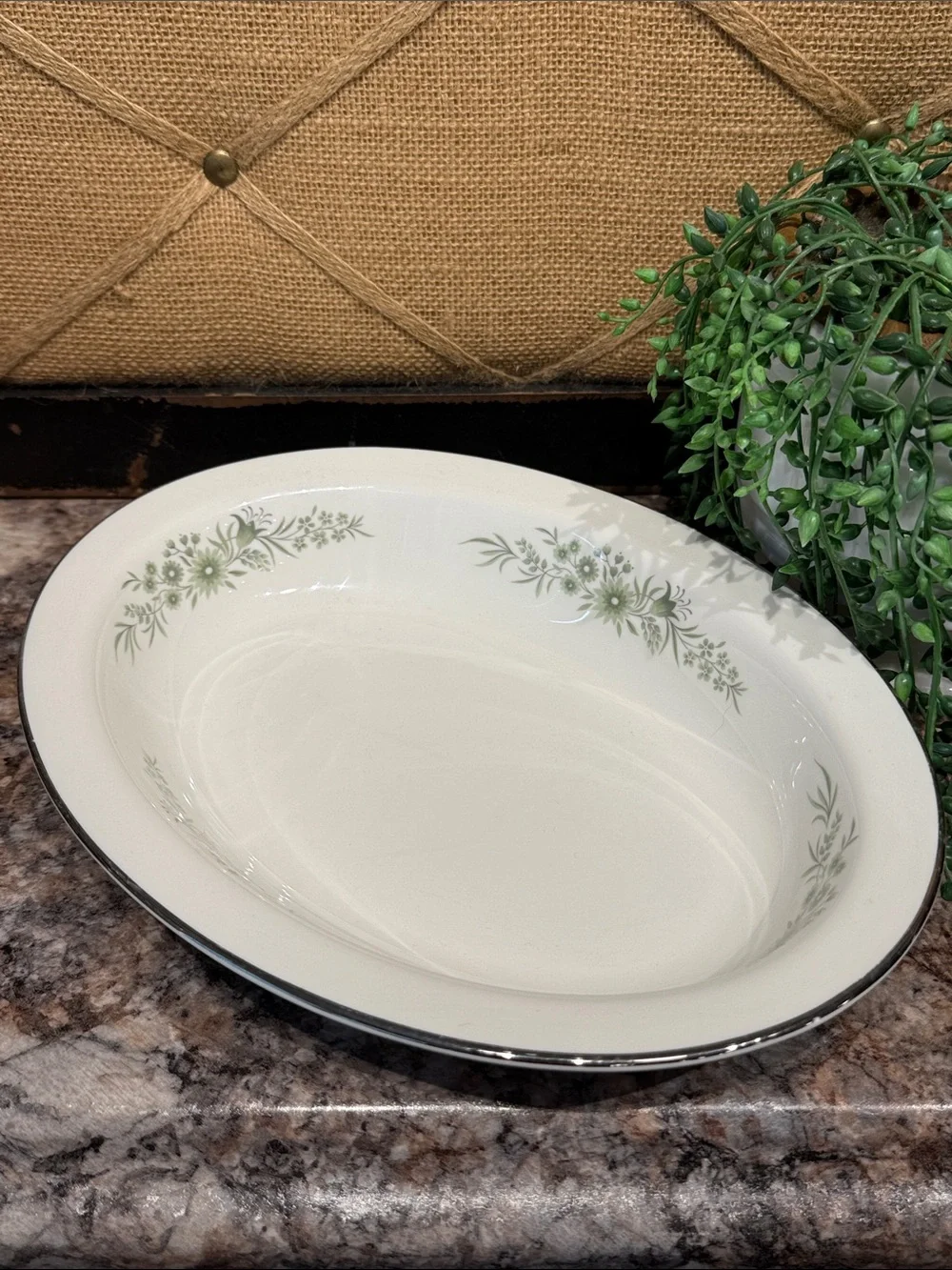 Wedgwood White Oval Serving Platter with Green Floral Trim